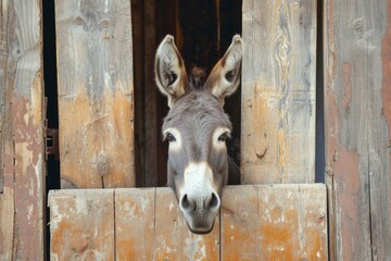 a donkey looking out of a wooden door. generative ai