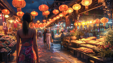 Naklejka premium A young woman walking through an asian market surrounded by beautiful lanterns