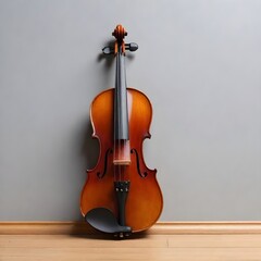 A brown violin standing upright on a light wooden floor against a gray background