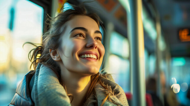 An urban smiling young woman on a public bus