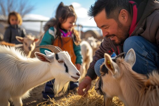 man, children and some goats on a farm. generative ai