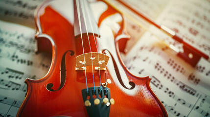 Closeup of a violin over music sheets. Classical music concept. - 747241239