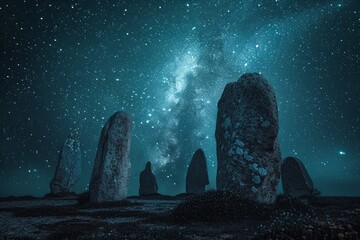 Group of Rocks Under Night Sky Filled With Stars - obrazy, fototapety, plakaty