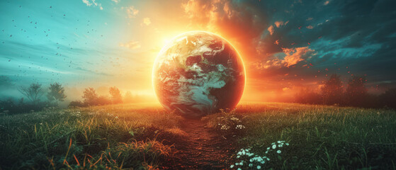 a surreal fusion of nature and cosmic elements, where Earth looms large over a lush, misty landscape bathed in the golden hues of sunrise, symbolizing hope and the interconnectedness of our world - obrazy, fototapety, plakaty