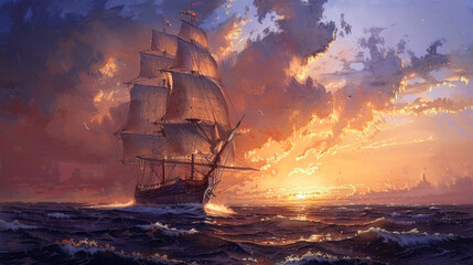 A majestic galleon on turbulent waters - obrazy, fototapety, plakaty