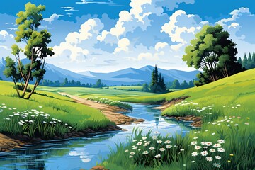 a river running through a valley with grass and flowers - obrazy, fototapety, plakaty