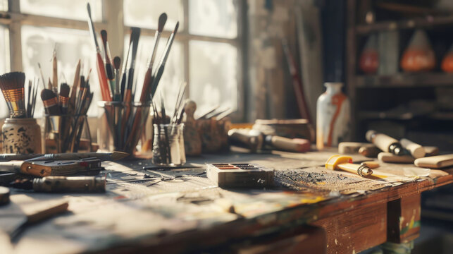Old used drawing tools on a wooden table in an artist sudio
