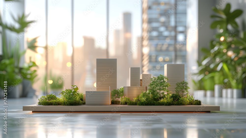 Poster a detailed architectural model home basks in soft daylight, surrounded by meticulously designed gree