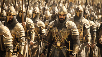 Saladin ibn Ayyub (Salah ad-Din Yusuf ibn Ayyub) with his elite army - obrazy, fototapety, plakaty