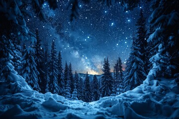 Majestic Night Sky With Stars and Trees - obrazy, fototapety, plakaty