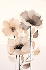 Minimal spring and women's day floral idea. Biege and black poppies on a white background. Minimal watercolor style. 