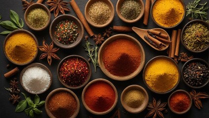 Overhead view of various colorful spices neatly organized in earthen bowls surrounded by herbs