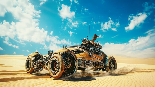 Fantasy steampunk desert vechicle rolling through desert