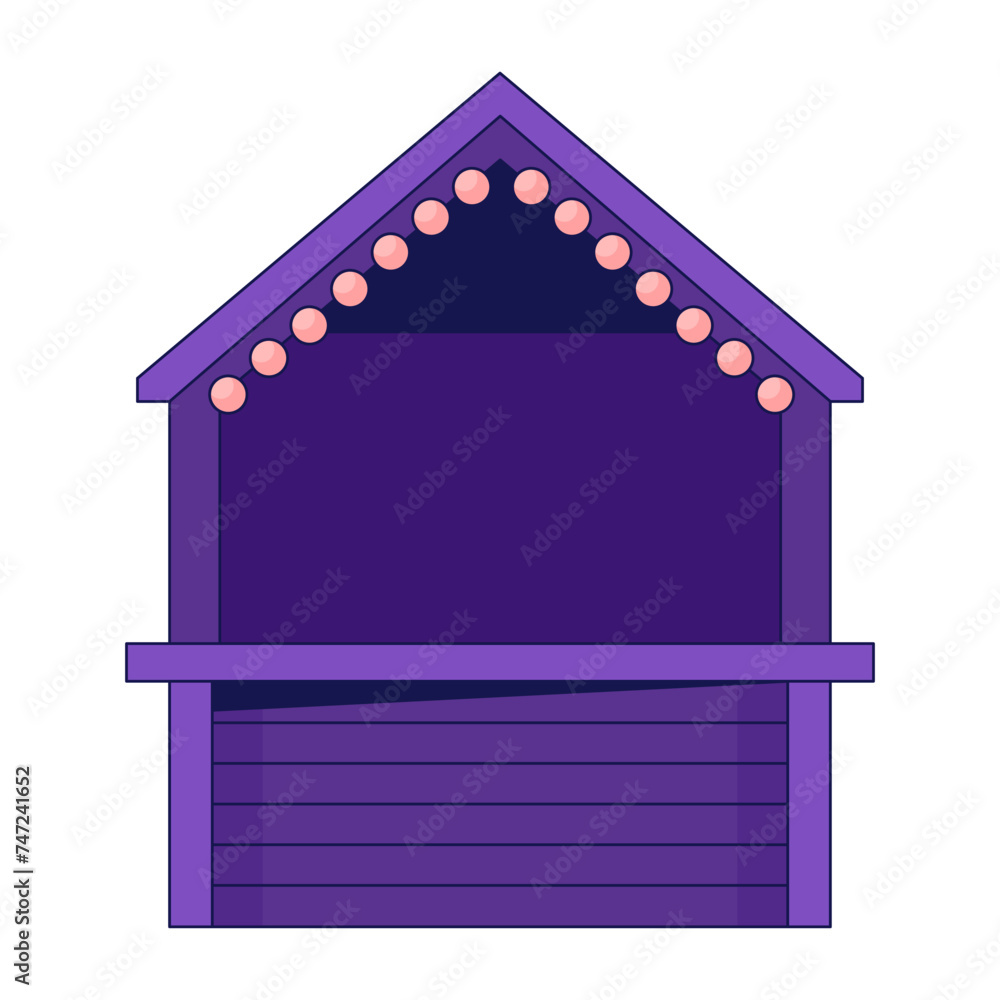 Poster empty street kiosk 2d linear cartoon object. lightbulb illuminated fairground booth isolated line ve