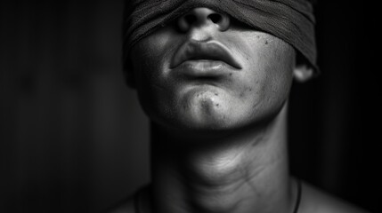 A monochrome artistic image of a man blindfolded, evoking emotions of mystery and introspection, suitable for conceptual themes and creative backdrops.