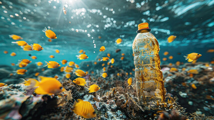 Plastic bottles and other trash polluting the ocean. Environmental pollution, Ecological problem concept.