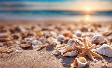 Sea shells and starfish on sandy beach at sunset. Summer vacation concept