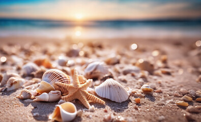Fototapeta na wymiar Sea shells and starfish on sandy beach at sunset. Summer vacation concept