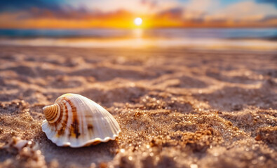Obraz na płótnie Canvas Sea shells and starfish on sandy beach at sunset. Summer vacation concept
