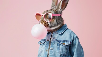 A fashionable bunny blowing a pink bubble gum bubble while sporting sunglasses and a denim shirt - obrazy, fototapety, plakaty