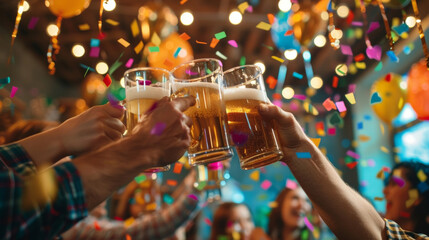 A group of friends clinking their steins together in a cheerful toast with colorful Oktoberfest decorations surrounding them.