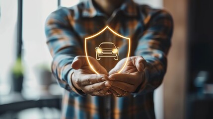 A man is holding a shield with an image of an automobile on it. notions of safety, rented cars, and auto insurance