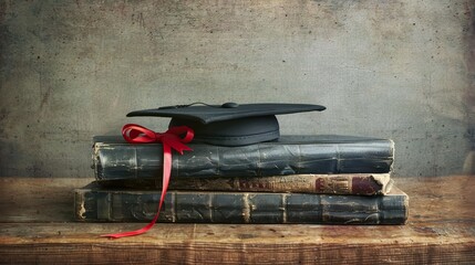 A stack of ancient, worn books with vacant space to the left has a graduation scroll and mortarboard tied with crimson ribbon.