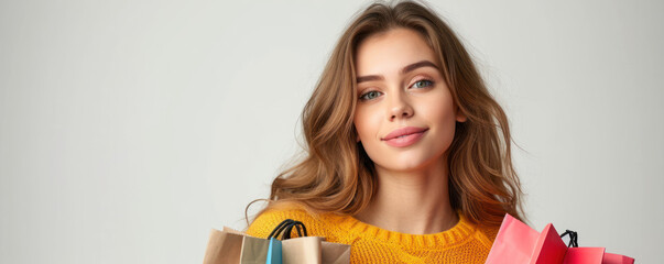 A stylish young woman with a joyful expression holds multiple shopping bags, embodying the excitement and pleasure of a successful retail experience