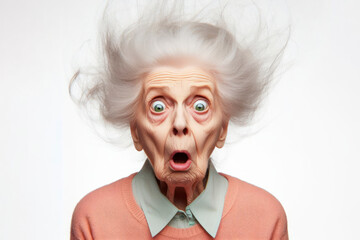 Funny portrait of old shocked elderly woman isolated on color bright background. ai generative - obrazy, fototapety, plakaty