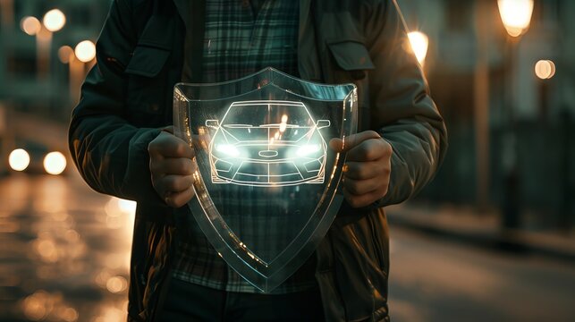 A man is holding a shield with an image of an automobile on it. notions of safety, rented cars, and auto insurance
