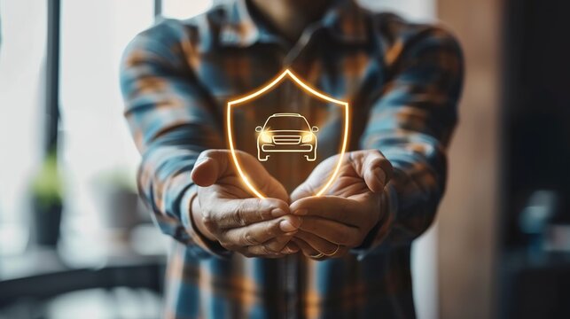 A man is holding a shield with an image of an automobile on it. notions of safety, rented cars, and auto insurance