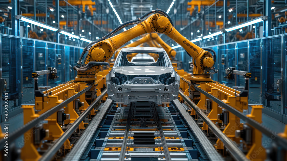 Aufkleber Automated robotics arms efficiently assembling a car on a production line, showcasing precision and advanced manufacturing technology
