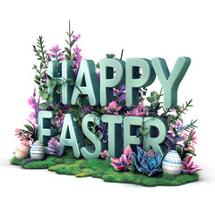 easter greeting card with eggs, flowers and greens