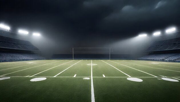 Empty football field at night with illuminated stadium lights and a dark cloudy sky