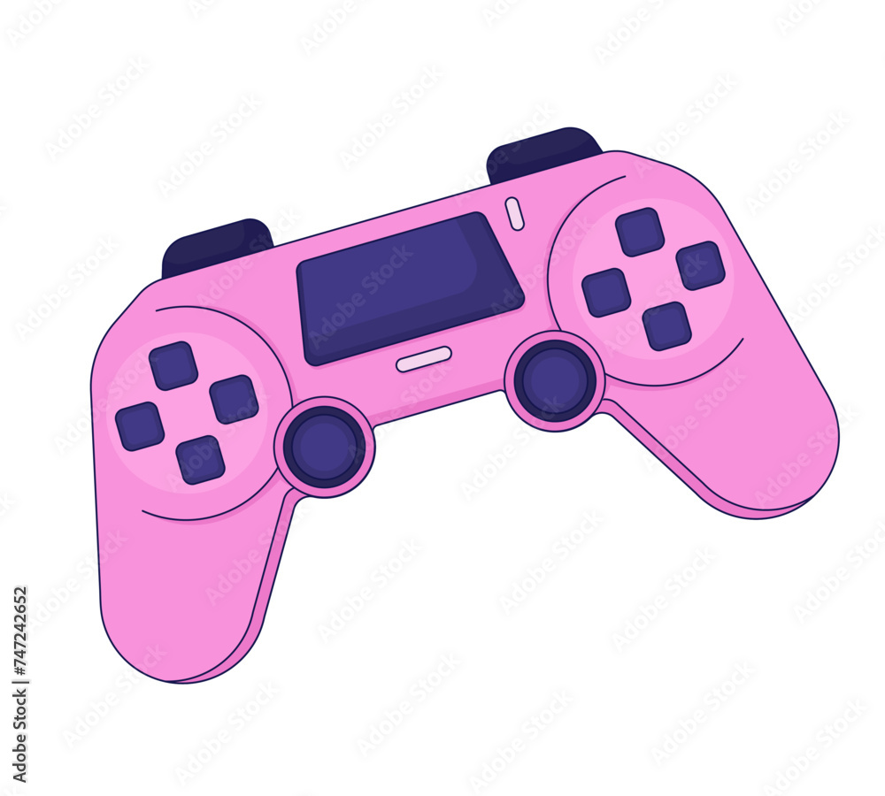 Poster retro gamepad joystick 2d linear cartoon object. video game control device isolated line vector elem