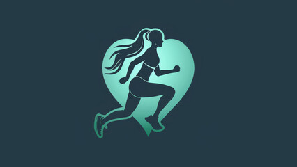 Fototapeta na wymiar this logo of a icon of a heart shape and a woman jogging in the center, using tangent lines, symmetry, classical design, beauty, fitness. Solid green