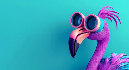 Tuinposter vibrant 3D cartoon featuring a cheerful pink and blue flamingo holding binoculars with excitement. color of purple and teal add to the whimsical atmosphere of the scene, making it a composition © Nataliia_Trushchenko