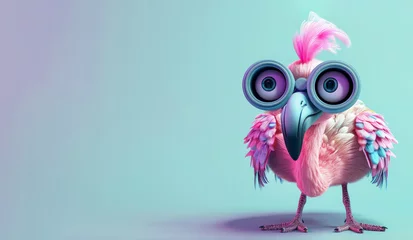 Möbelaufkleber vibrant 3D cartoon featuring a cheerful pink and blue flamingo holding binoculars with excitement. color of purple and teal add to the whimsical atmosphere of the scene, making it a composition." © Nataliia_Trushchenko