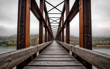 Fototapeta na wymiar wooden bridge over the river created with Generative AI technology