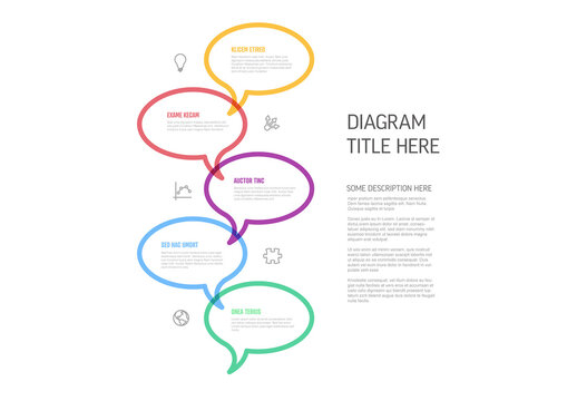 Five simple colorful steps in speech bubbles vertical process infographic template