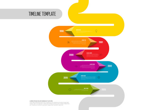 Infographic vertical timeline template with right and lef triangle arrows on thick color line