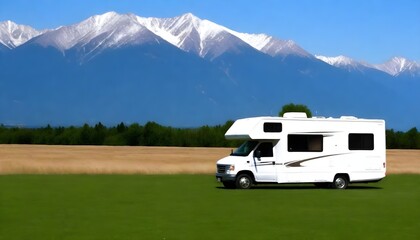 White motorhome parked on a grassy field with mountains in the background