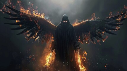 Halloween Night Fury A Dark Angel's Flaming Sword Generative AI - obrazy, fototapety, plakaty