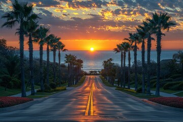 Obraz premium Sun Setting Over Ocean and Palm Trees