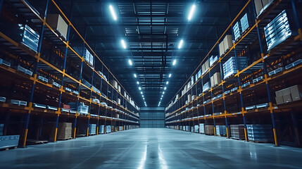 A warehouse with LED lighting, showcasing an industry building designed for distribution and retail operations - obrazy, fototapety, plakaty