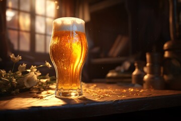 a glass of beer on a table - obrazy, fototapety, plakaty