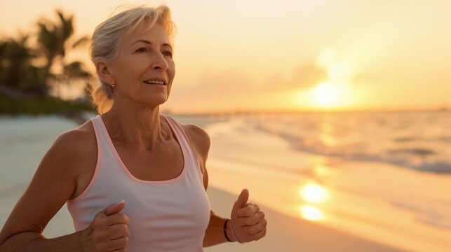 Senior Woman Enjoying a Run on the Beach at Sunset. Generative ai