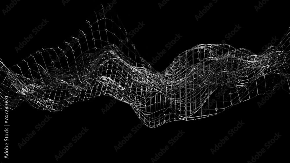 Aufkleber animated moving mesh with spheres on a black background. looped animation. 3d render