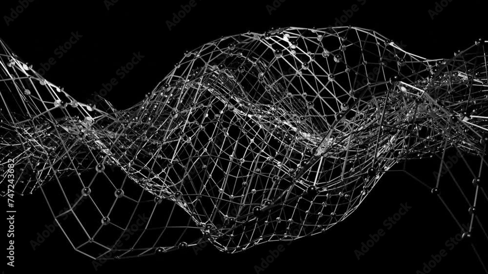 Poster animated moving mesh with spheres on a black background. looped animation. 3d render