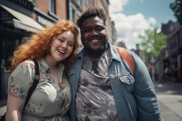 Two smiling body positive persons, African American man and Caucausian woman, street photography. Concept of self acceptance